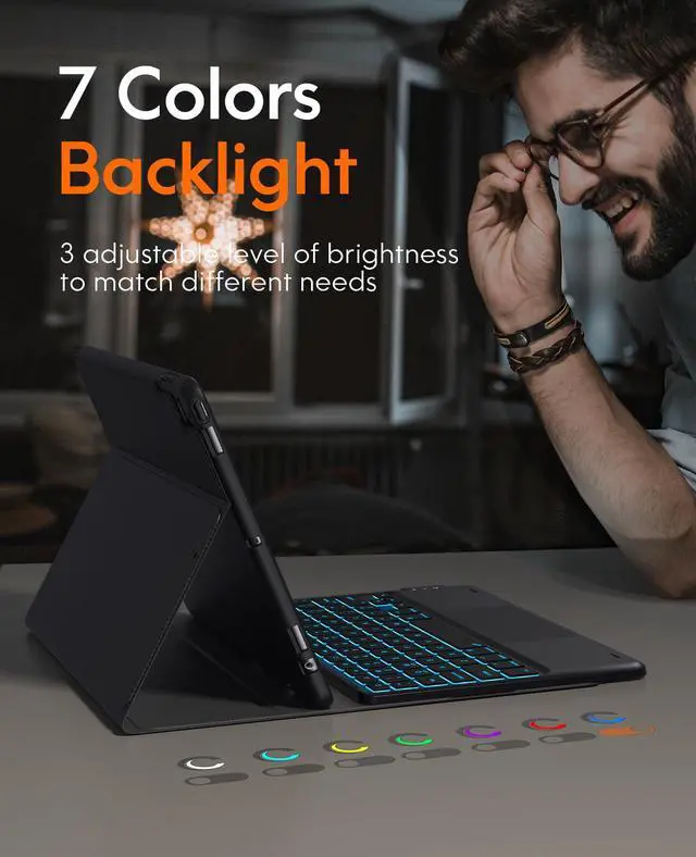 Alt view image 4 of 7 - for iPad 9th Generation Case with Keyboard, 7 Color Backlit, Multi-Touch Trackpad, Built-in Pencil Holder, 2 Wireless Channels, Flip Stand Keyboard Case for iPad 9th/8th/7th Gen 10.2 Black
