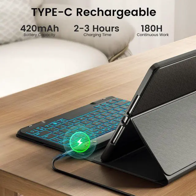 Alt view image 7 of 7 - Keyboard Case for iPad 9th Generation-10.2 inch - 7 Colors Backlit Wireless Detachable Folio Keyboard Cover with Upper Pencil Holder for iPad 8th/7th Gen/iPad Pro 10.5"/iPad Air 3rd Gen - Black