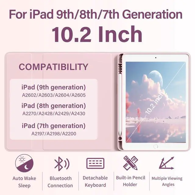 Alt view image 2 of 7 - Case with Keyboard Available in Multiple Styles and Colors Keyboard Case for iPad 9th/8th/7th Generation(2021/2020/2019), 10.2 inch iPad 9/8/7 Cover with Pencil Holder,Auto Wake Sleep,Pink