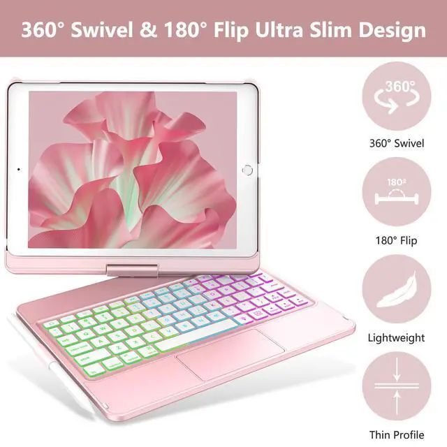 Alt view image 3 of 7 - Touch Keyboard Case for iPad 10.2" 9th 8th 7th Generation, Multi-Touch & 10 Color Backlit Keys, 360° Rotatable & Pencil Holder, for iPad Air 3rd Gen 10.5" 2019, iPad Pro 10.5" 2017 - Rose Gold