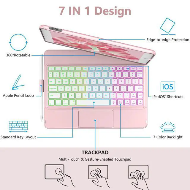 Alt view image 4 of 7 - Touch Keyboard Case for iPad 10.2" 9th 8th 7th Generation, Multi-Touch & 10 Color Backlit Keys, 360° Rotatable & Pencil Holder, for iPad Air 3rd Gen 10.5" 2019, iPad Pro 10.5" 2017 - Rose Gold
