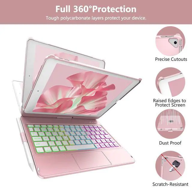 Alt view image 5 of 7 - Touch Keyboard Case for iPad 10.2" 9th 8th 7th Generation, Multi-Touch & 10 Color Backlit Keys, 360° Rotatable & Pencil Holder, for iPad Air 3rd Gen 10.5" 2019, iPad Pro 10.5" 2017 - Rose Gold