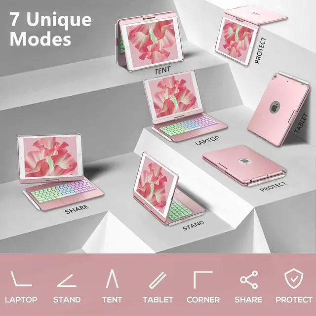 Alt view image 7 of 7 - Touch Keyboard Case for iPad 10.2" 9th 8th 7th Generation, Multi-Touch & 10 Color Backlit Keys, 360° Rotatable & Pencil Holder, for iPad Air 3rd Gen 10.5" 2019, iPad Pro 10.5" 2017 - Rose Gold