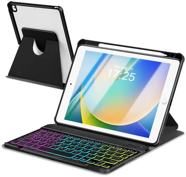 Main image of Case with Keyboard for iPad 9th 8th 7th Generation 10.2 inch,7 Rainbow Backlit Detachable Wireless Keyboard Rotatable Magnetic Cover with Pencil Holder for iPad Air 3rd Gen/Pro 10.5 Black
