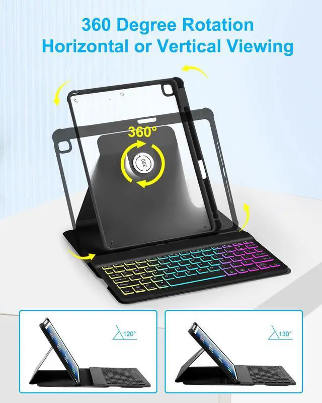 Alt view image 4 of 7 - Case with Keyboard for iPad 9th 8th 7th Generation 10.2 inch,7 Rainbow Backlit Detachable Wireless Keyboard Rotatable Magnetic Cover with Pencil Holder for iPad Air 3rd Gen/Pro 10.5 Black