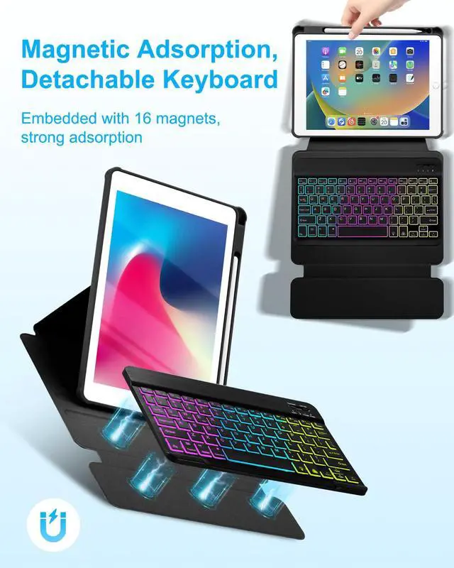 Alt view image 5 of 7 - Case with Keyboard for iPad 9th 8th 7th Generation 10.2 inch,7 Rainbow Backlit Detachable Wireless Keyboard Rotatable Magnetic Cover with Pencil Holder for iPad Air 3rd Gen/Pro 10.5 Black