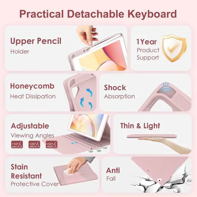 Alt view image 7 of 7 - Keyboard Case for iPad 9th Generation 10.2'', iPad 8th/7th, Premium Stain-Resistant Detachable Wireless Keyboard Adjustable Grooves Case with Pencil Holder for iPad Pro 10.5/Air 3rd Gen(Pink)