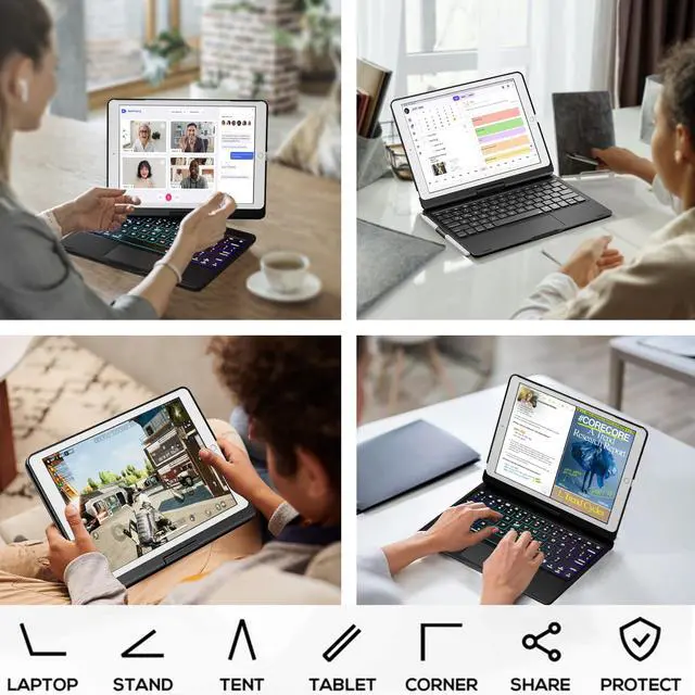 Alt view image 5 of 7 - Swivel Keyboard Case for iPad 10.2 inch 9th 8th 7th, iPad Air 3rd and iPad Pro 10.5 2nd Generation; Rotatable Cover with Pencil Holder, Multi-Touch Trackpad, RGB Backlit, Black