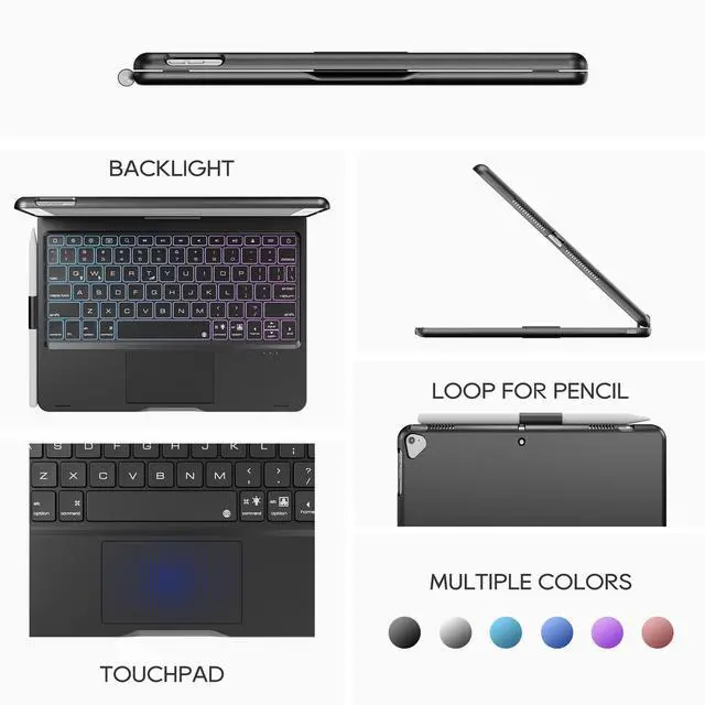 Alt view image 4 of 7 - Swivel Keyboard Case for iPad 10.2 inch 9th 8th 7th, iPad Air 3rd and iPad Pro 10.5 2nd Generation; Rotatable Cover with Pencil Holder, Multi-Touch Trackpad, RGB Backlit, Black