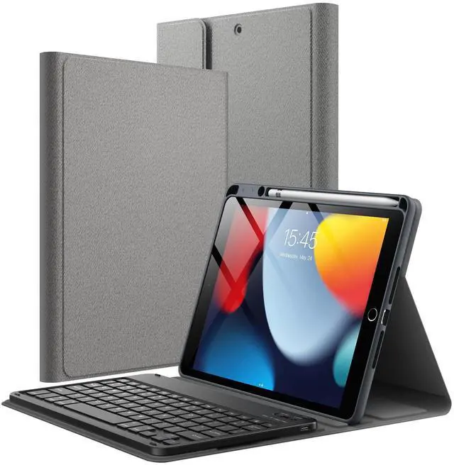 Main image of Keyboard Case for iPad 10.2-Inch (2021/2020/2019 Model, 9th/8th/7th Generation) with Pencil Holder, Magnetic Detachable Bluetooth Wireless Keyboard, Soft TPU Back Stand Cover (Space Gray)