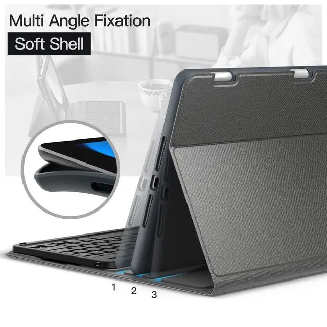 Alt view image 5 of 6 - Keyboard Case for iPad 10.2-Inch (2021/2020/2019 Model, 9th/8th/7th Generation) with Pencil Holder, Magnetic Detachable Bluetooth Wireless Keyboard, Soft TPU Back Stand Cover (Space Gray)