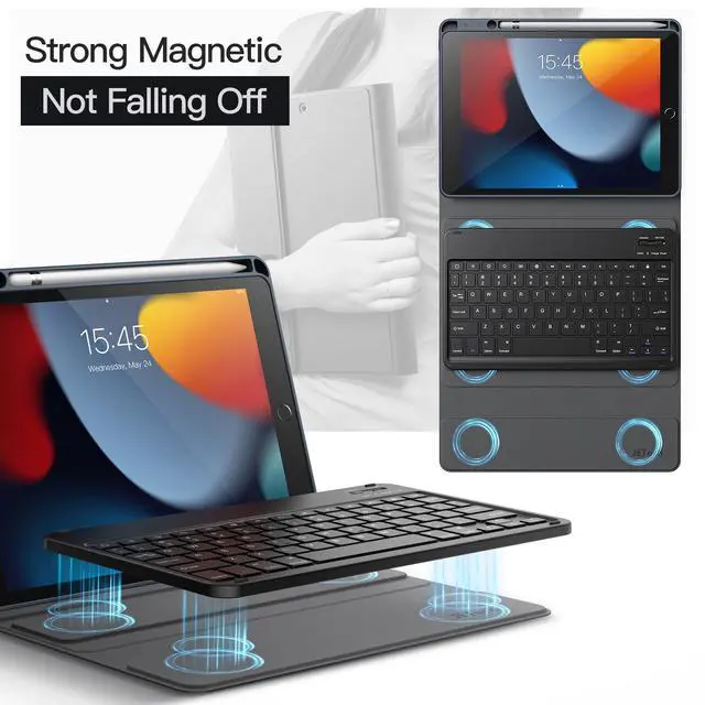 Alt view image 4 of 6 - Keyboard Case for iPad 10.2-Inch (2021/2020/2019 Model, 9th/8th/7th Generation) with Pencil Holder, Magnetic Detachable Bluetooth Wireless Keyboard, Soft TPU Back Stand Cover (Space Gray)