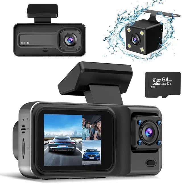 Main image of 4K 3 Dash Cam with 64GB Card, 4K+1080P+1440P Dash Cam Front and Rear Inside, Dash Camera for Cars with Motion Detection, 24H Parking Mode, Super Night Vision, Loop Recording