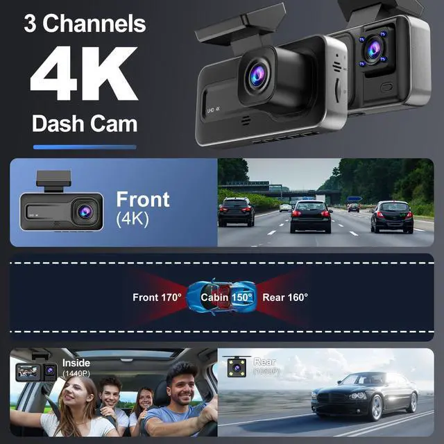 Alt view image 2 of 6 - 4K 3 Dash Cam with 64GB Card, 4K+1080P+1440P Dash Cam Front and Rear Inside, Dash Camera for Cars with Motion Detection, 24H Parking Mode, Super Night Vision, Loop Recording