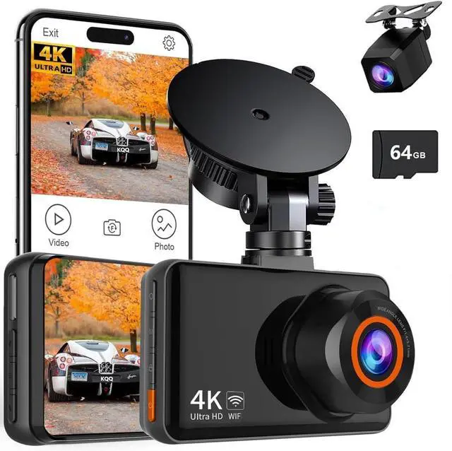 Main image of WiFi Dash Cam Front and Rear, 4K Front 2.5K Car Camera, 3" IPS Screen, 170° Wide Angle, WDR Night Vision, 64GB SD Card Included, Loop Recording, G-Sensor, 24H Parking Monitor, Type-C Charging (K9)