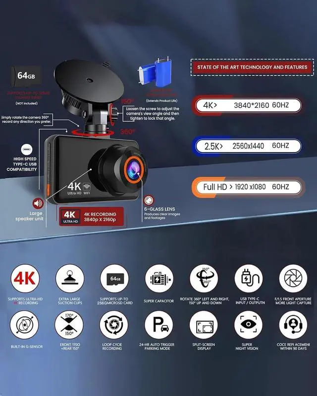 Alt view image 2 of 4 - WiFi Dash Cam Front and Rear, 4K Front 2.5K Car Camera, 3" IPS Screen, 170° Wide Angle, WDR Night Vision, 64GB SD Card Included, Loop Recording, G-Sensor, 24H Parking Monitor, Type-C Charging (K9)