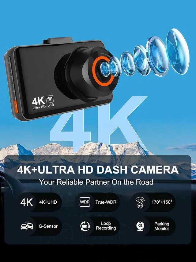 Alt view image 3 of 4 - WiFi Dash Cam Front and Rear, 4K Front 2.5K Car Camera, 3" IPS Screen, 170° Wide Angle, WDR Night Vision, 64GB SD Card Included, Loop Recording, G-Sensor, 24H Parking Monitor, Type-C Charging (K9)