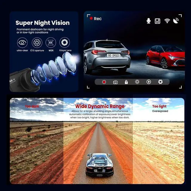 Alt view image 4 of 4 - WiFi Dash Cam Front and Rear, 4K Front 2.5K Car Camera, 3" IPS Screen, 170° Wide Angle, WDR Night Vision, 64GB SD Card Included, Loop Recording, G-Sensor, 24H Parking Monitor, Type-C Charging (K9)