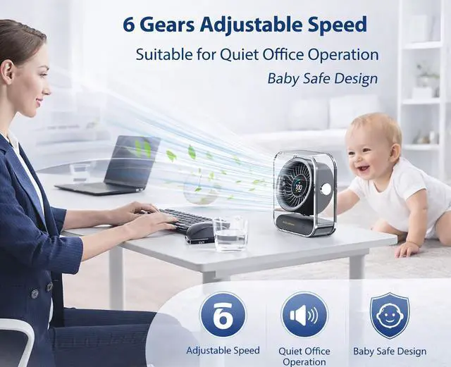 Alt view image 2 of 7 - Desk Fan, 4000mAh Quiet Table Fan with Turbo Airflow, 6-Gear Speed Digital Display & 30° Adjustable Tilt, Rechargeable Battery Portable Fan for Home, Office, Travel (Black)