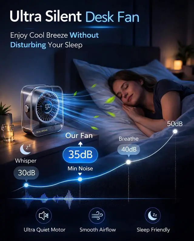 Alt view image 4 of 7 - Desk Fan, 4000mAh Quiet Table Fan with Turbo Airflow, 6-Gear Speed Digital Display & 30° Adjustable Tilt, Rechargeable Battery Portable Fan for Home, Office, Travel (Black)