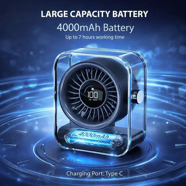 Alt view image 5 of 7 - Desk Fan, 4000mAh Quiet Table Fan with Turbo Airflow, 6-Gear Speed Digital Display & 30° Adjustable Tilt, Rechargeable Battery Portable Fan for Home, Office, Travel (Black)