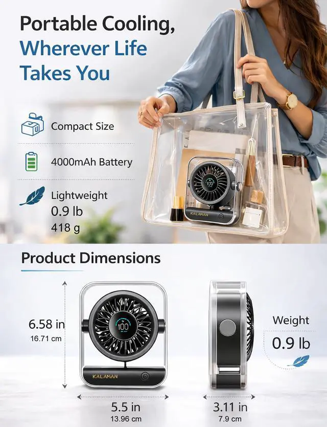 Alt view image 6 of 7 - Desk Fan, 4000mAh Quiet Table Fan with Turbo Airflow, 6-Gear Speed Digital Display & 30° Adjustable Tilt, Rechargeable Battery Portable Fan for Home, Office, Travel (Black)