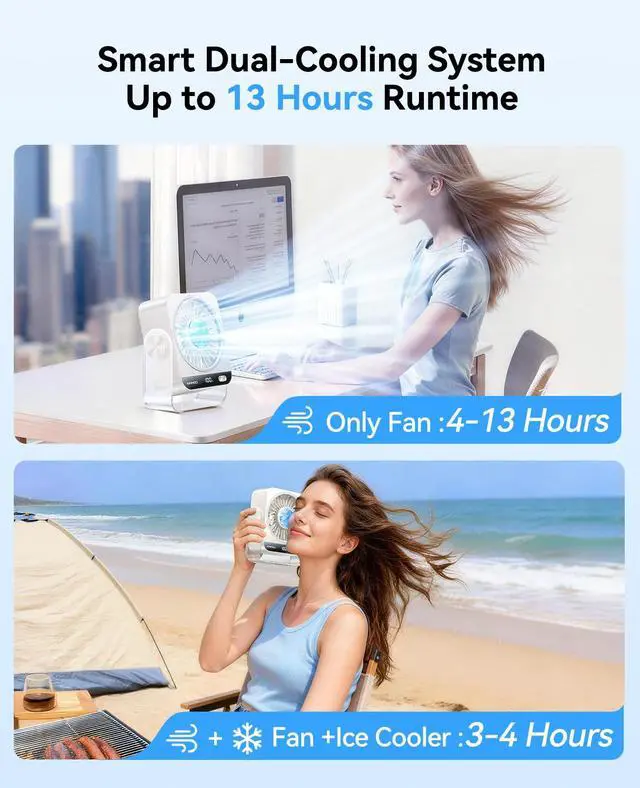Alt view image 4 of 7 - USB Desk Fan for Bedroom, 199 Speeds Turbo Airflow, Portable Fan with Ice Cooling, Digital Display Quiet Table Fan, 270° Rotating Small Rechargeable Battery Desktop Fans for Home Office (White)