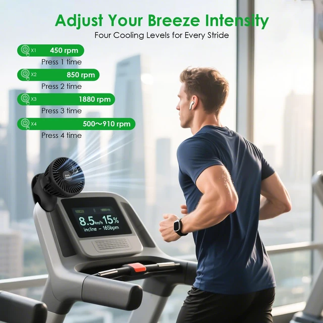 Alt view image 4 of 7 - Minthouz Clip on Fan, 8000mAh, 4-Speed, Portable Desk Fan with Cord | 720° Rotation, Quiet Rechargeable Personal Fan for Office, Treadmill, Stroller, Camping
