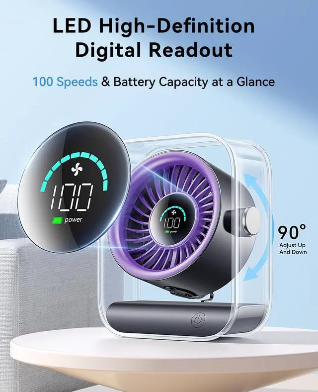 Alt view image 5 of 7 - USB Rechargeable Desk Fan, Small Portable Table Fan with 100 Speeds Turbo Airflow, 90° Tilt Quiet Desktop Fan for Bedroom with LED Display, Personal Cooling Fan for Travel Office Camping, Purple