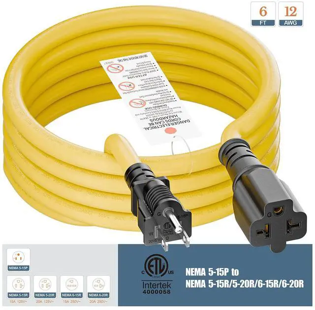 Alt view image 3 of 7 - 4 in1 NEMA 5-15P Extension Cord, 6FT NEMA 5-15P to 5-15R, 5-20R, 6-15R, 6-20R Adapter Cord, 15A to 20A AC Adapter Cable, 6FT 3 Prong Extension Cords