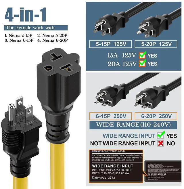 Alt view image 4 of 7 - 4 in1 NEMA 5-15P Extension Cord, 6FT NEMA 5-15P to 5-15R, 5-20R, 6-15R, 6-20R Adapter Cord, 15A to 20A AC Adapter Cable, 6FT 3 Prong Extension Cords