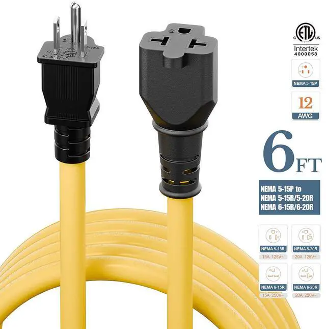 Alt view image 2 of 7 - 4 in1 NEMA 5-15P Extension Cord, 6FT NEMA 5-15P to 5-15R, 5-20R, 6-15R, 6-20R Adapter Cord, 15A to 20A AC Adapter Cable, 6FT 3 Prong Extension Cords