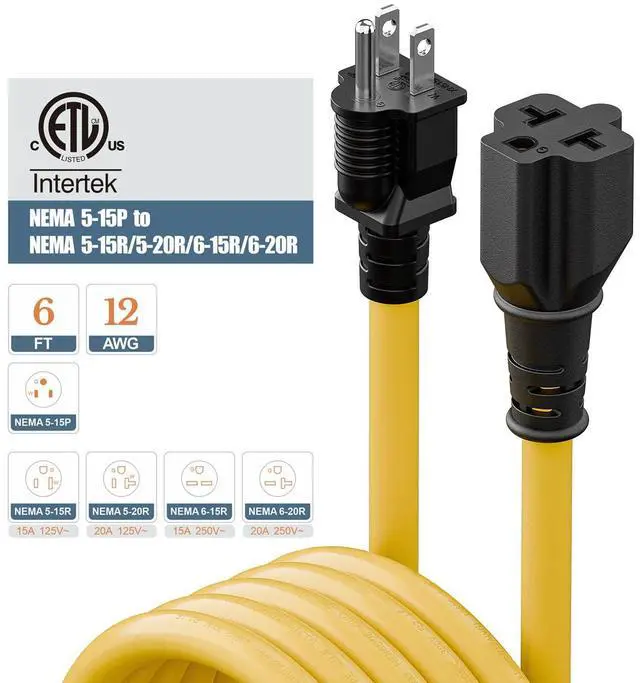 Alt view image 7 of 7 - 4 in1 NEMA 5-15P Extension Cord, 6FT NEMA 5-15P to 5-15R, 5-20R, 6-15R, 6-20R Adapter Cord, 15A to 20A AC Adapter Cable, 6FT 3 Prong Extension Cords