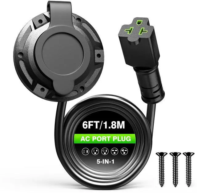 Main image of New 20A 125V AC Port Plug, 12AWG Heavy-Duty RV Shore Power Inlet Plug with 5-in-1 T-Blade Adapter & 6FT Cord, Waterproof AC Power Inlet Socket Integrated Outdoor Electrical Outlet Receptacle