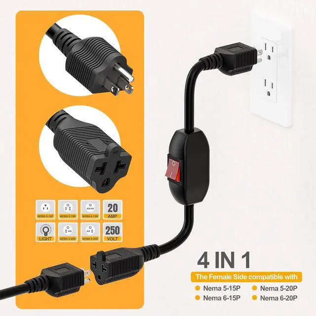 Alt view image 2 of 7 - Heavy Duty 4-in-1 On/Off Switch Extension Cord 12-AWG 15A Household Plug to 20A T Blade Adapter Cable with Heavy Duty Double Break 23A 125V Inline Switch, L=40CM