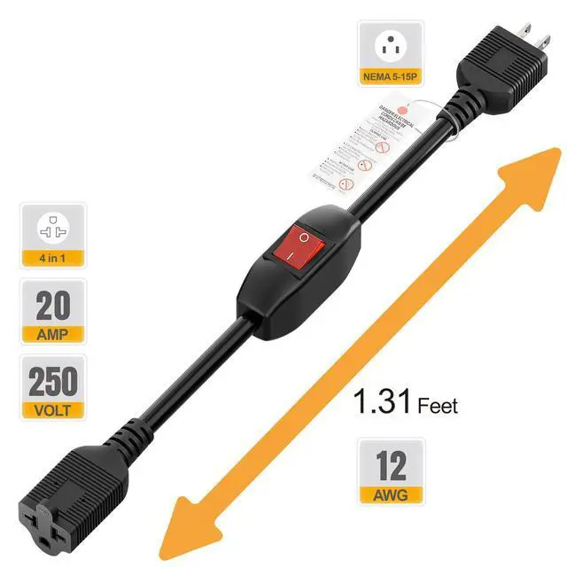 Alt view image 3 of 7 - Heavy Duty 4-in-1 On/Off Switch Extension Cord 12-AWG 15A Household Plug to 20A T Blade Adapter Cable with Heavy Duty Double Break 23A 125V Inline Switch, L=40CM