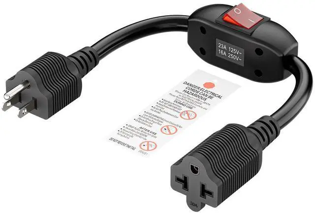 Main image of Heavy Duty 4-in-1 On/Off Switch Extension Cord 12-AWG 15A Household Plug to 20A T Blade Adapter Cable with Heavy Duty Double Break 23A 125V Inline Switch, L=40CM