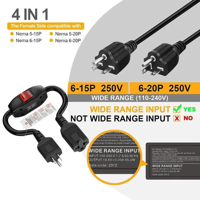 Alt view image 5 of 7 - Heavy Duty 4-in-1 On/Off Switch Extension Cord 12-AWG 15A Household Plug to 20A T Blade Adapter Cable with Heavy Duty Double Break 23A 125V Inline Switch, L=40CM