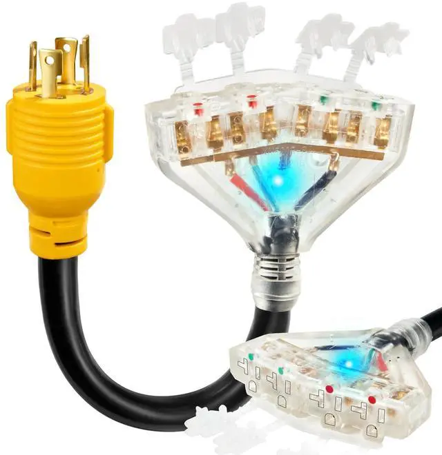 Main image of 30 Amp to 20 Amp 110 Generator RV Electric Cables, NEMA L14-30P to 4X 5-15R/5-20R Generator Distribution Adapter 4 Prong 30 Amp to 15 Amp/20Amp with Lighted End STW 10 AGW 1FT