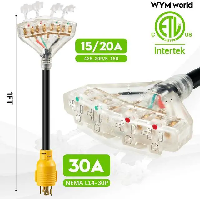Alt view image 2 of 7 - 30 Amp to 20 Amp 110 Generator RV Electric Cables, NEMA L14-30P to 4X 5-15R/5-20R Generator Distribution Adapter 4 Prong 30 Amp to 15 Amp/20Amp with Lighted End STW 10 AGW 1FT