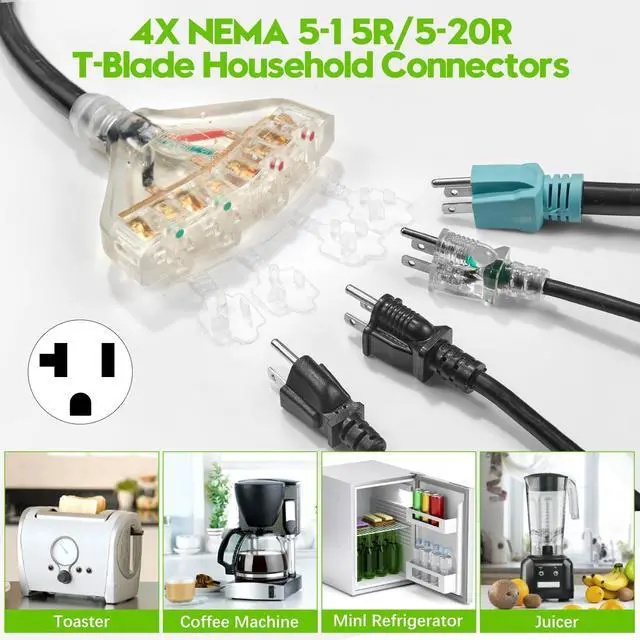 Alt view image 5 of 7 - 30 Amp to 20 Amp 110 Generator RV Electric Cables, NEMA L14-30P to 4X 5-15R/5-20R Generator Distribution Adapter 4 Prong 30 Amp to 15 Amp/20Amp with Lighted End STW 10 AGW 1FT