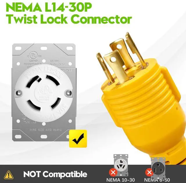 Alt view image 7 of 7 - 30 Amp to 20 Amp 110 Generator RV Electric Cables, NEMA L14-30P to 4X 5-15R/5-20R Generator Distribution Adapter 4 Prong 30 Amp to 15 Amp/20Amp with Lighted End STW 10 AGW 1FT