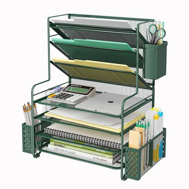 Main image of 7 Tier Desk File Organizer, Letter Tray Paper Organizer with Pen Holder and Metal Hanging Basket, Green