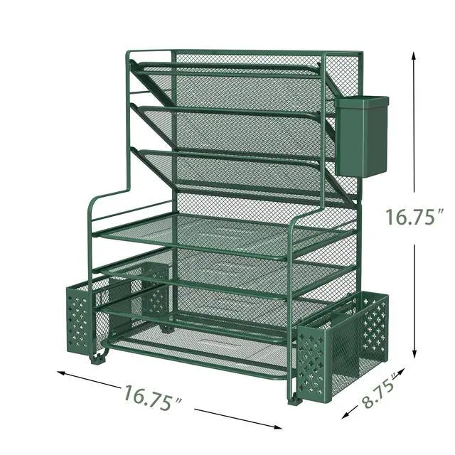 Alt view image 3 of 6 - 7 Tier Desk File Organizer, Letter Tray Paper Organizer with Pen Holder and Metal Hanging Basket, Green