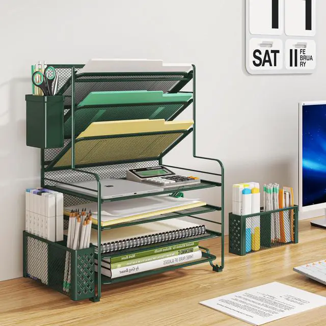 Alt view image 2 of 6 - 7 Tier Desk File Organizer, Letter Tray Paper Organizer with Pen Holder and Metal Hanging Basket, Green
