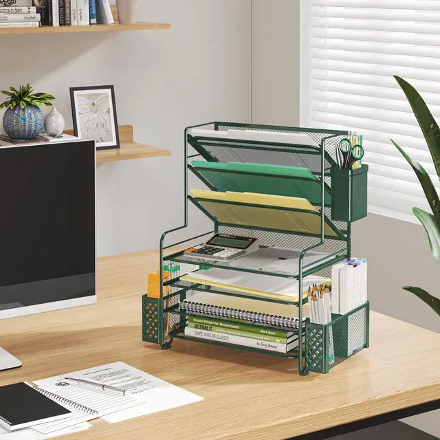 Alt view image 6 of 6 - 7 Tier Desk File Organizer, Letter Tray Paper Organizer with Pen Holder and Metal Hanging Basket, Green