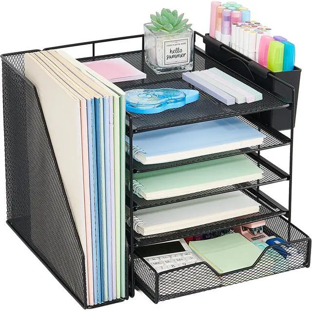 Main image of Desk Organizers and Accessories, 5-Tier Paper Letter Tray Organizer with File Holder, Drawer & Pen Holder, Office Desk Accessories, Desktop Organizer for Classroom Office Supplies, Black