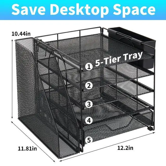Alt view image 2 of 7 - Desk Organizers and Accessories, 5-Tier Paper Letter Tray Organizer with File Holder, Drawer & Pen Holder, Office Desk Accessories, Desktop Organizer for Classroom Office Supplies, Black