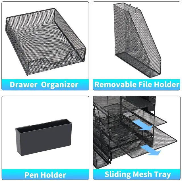 Alt view image 3 of 7 - Desk Organizers and Accessories, 5-Tier Paper Letter Tray Organizer with File Holder, Drawer & Pen Holder, Office Desk Accessories, Desktop Organizer for Classroom Office Supplies, Black