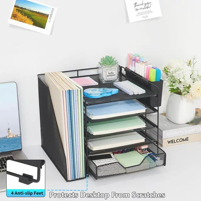 Alt view image 5 of 7 - Desk Organizers and Accessories, 5-Tier Paper Letter Tray Organizer with File Holder, Drawer & Pen Holder, Office Desk Accessories, Desktop Organizer for Classroom Office Supplies, Black